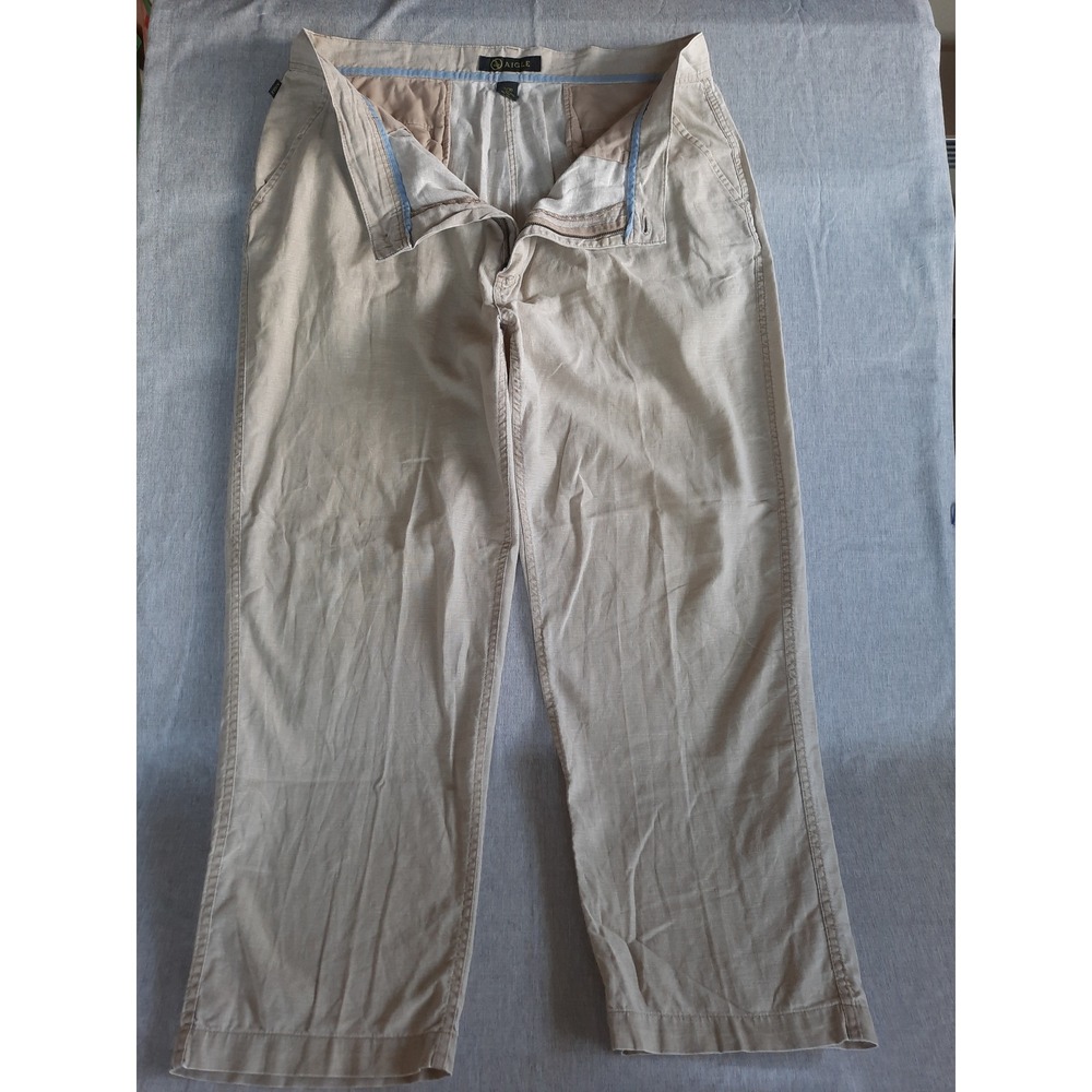 Aigle Men's 38x30 Embroider Logo Relaxed Fit Lightweight Pants Linen Blend Beige
